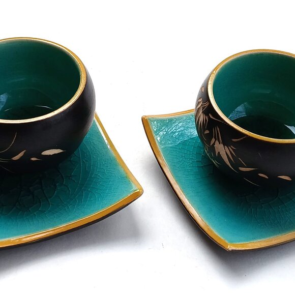 VTG 2 Tea Sake Cups w/Saucers Carved Pottery Crackled Turquoise Glaze Bát Tràng - Picture 1 of 15